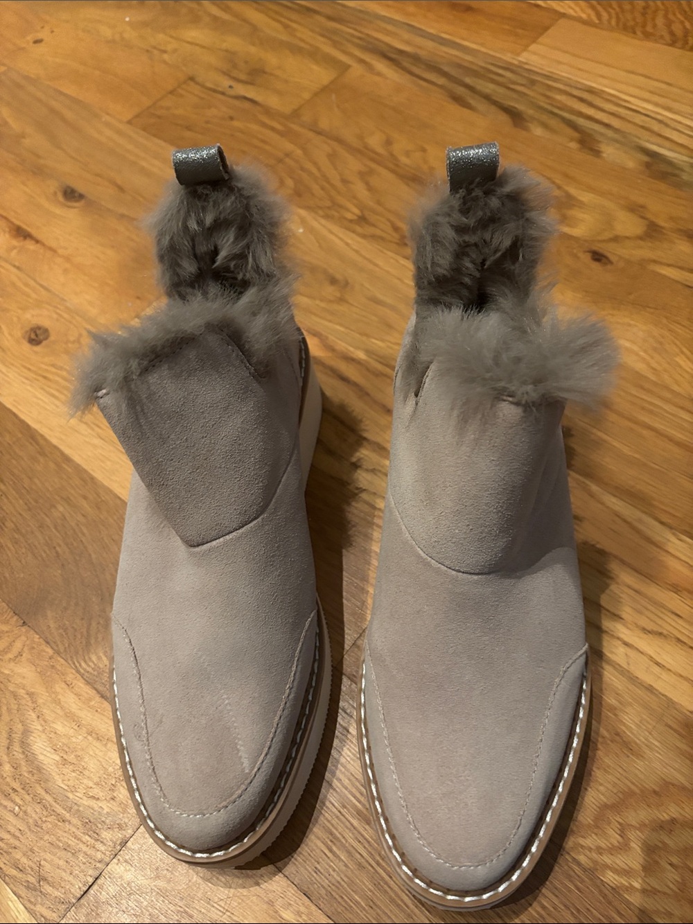 Dolce Vita Ardy Plush H2O Suede Booties Taupe Fur Lined Platform Boots Size 8.5